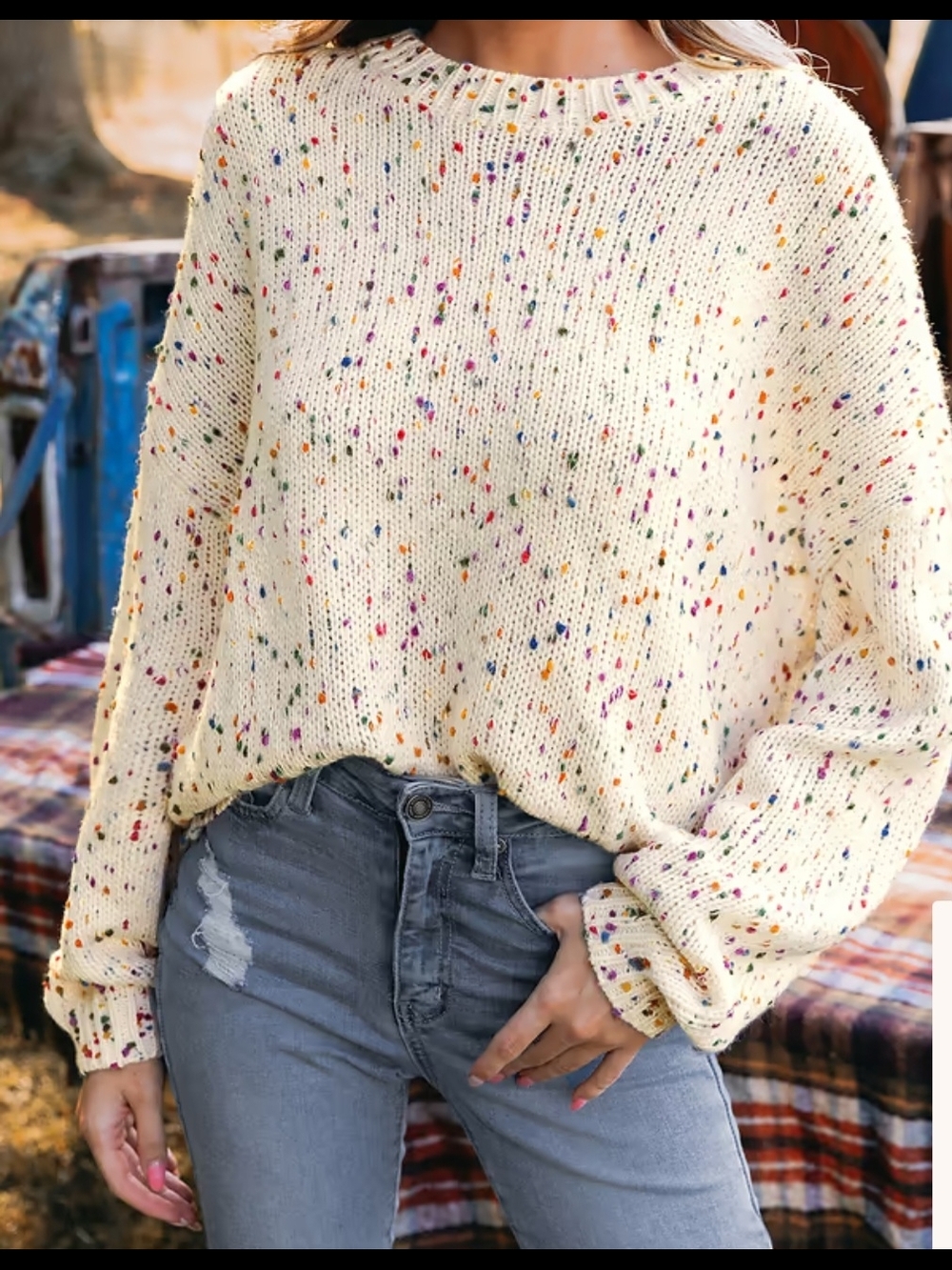 Cupshe Ivory Speckled Crewneck Sweater with Multicolor Dots